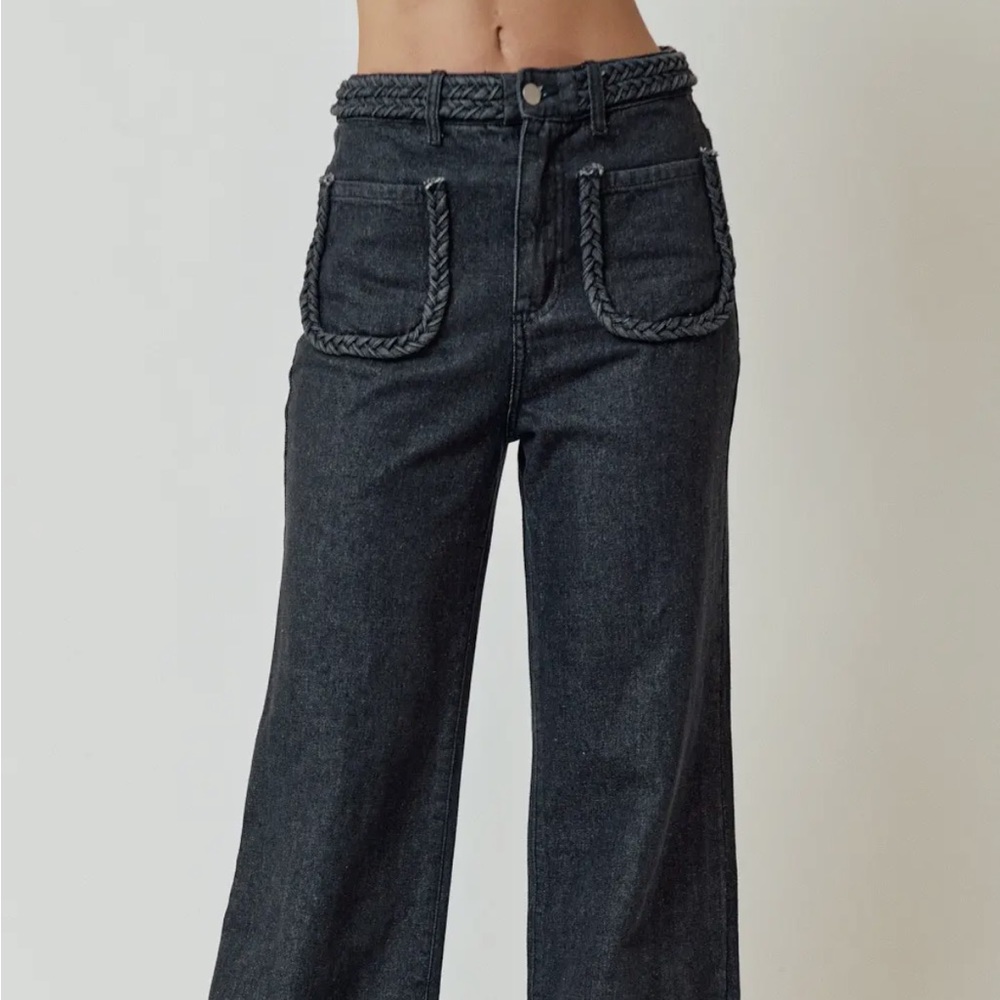 Lalavon Wide leg black denim jeans with braided details